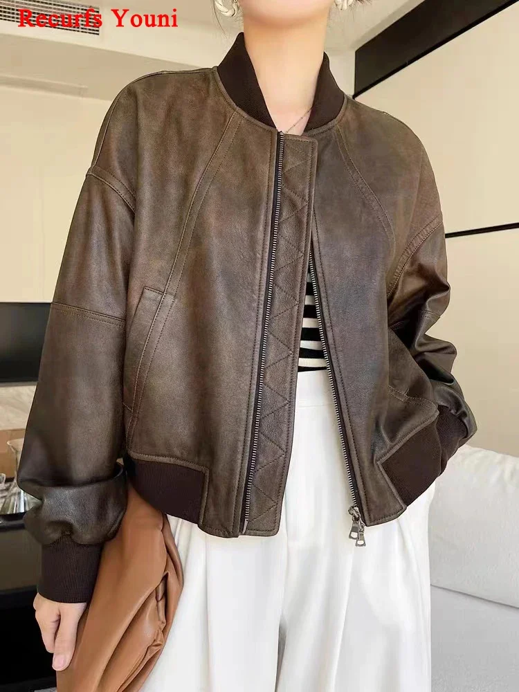 Cropped Leather Bomber Jacket For Women 2024 Winter European Old Money Designer Female Distressed Sheepskin Short Coat Outwear