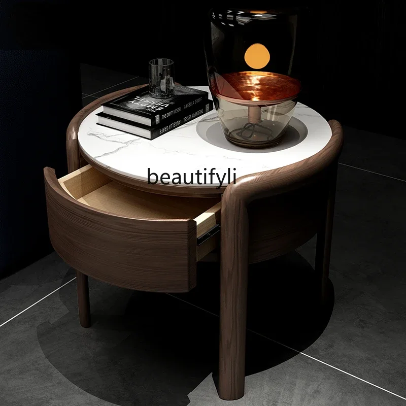 

yj Solid Wood Bedside Cabinet Stone Plate Simple Table Top Modern Entry Lux Style Sofa Side Table Corner Table