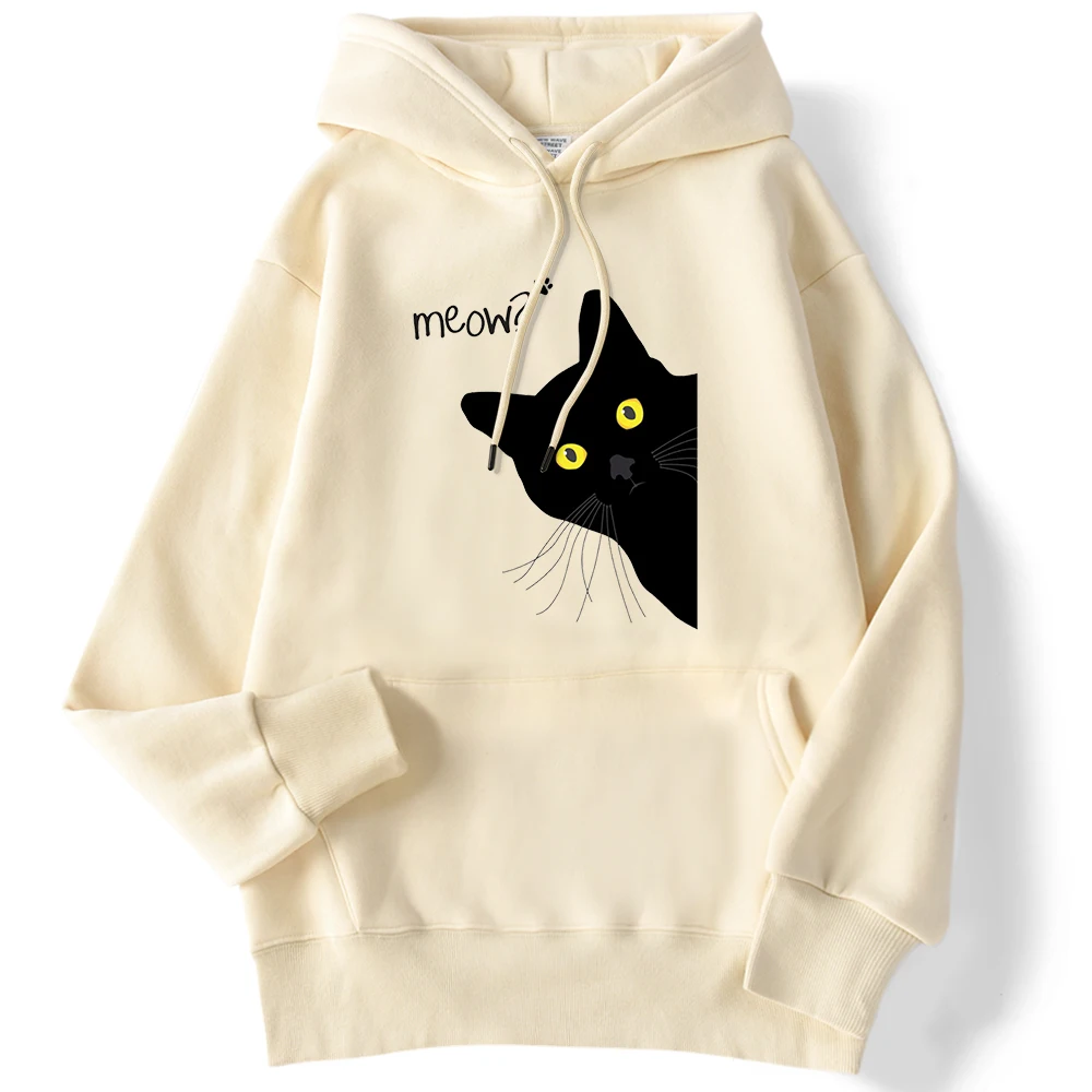 Meow Black Cat Graphic Print Hooded Men Women Aesthetic Trendy Hoodies Casual Loose Sweatshirt Unisex Comfortable Pullover