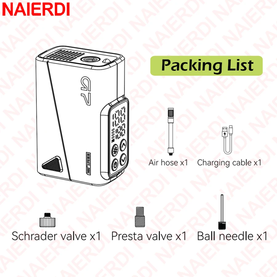 NAIERDI Electric Mini Portable Pump for Bike Cordless Tire Inflator 150PSI Max Air Inflator with LED Screen Fast Charging - Image 6