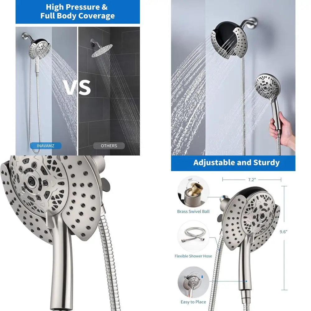 

2.5 GPM Dual Shower Head System: 7.2 Rainfall + Handheld Spray with 60 Stainless Steel Hose and Nickel Trim