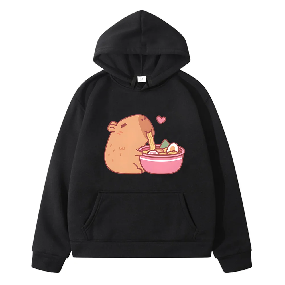 Cute Capybara Eating Ramen Hoodies Kawaii Cartoon Graphic Printing Sweatshirts Winter Hooded Pullovers Sudaderas Slight Strech