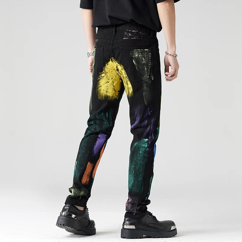 

2024 New Independent Design American Street Printing Contrast Color Jeans Men's Retro Washed Y2K Slim-Fit Straight Trousers