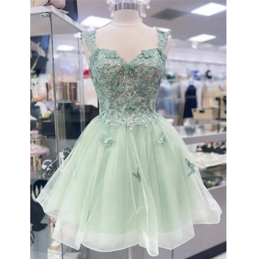 

Короткие платья для выпускного вечера с 3D бабочкой и блестящими пайетками, тюлевое платье для выпускного вечера для подростков, вечерние платья с открытыми плечами и аппликацией