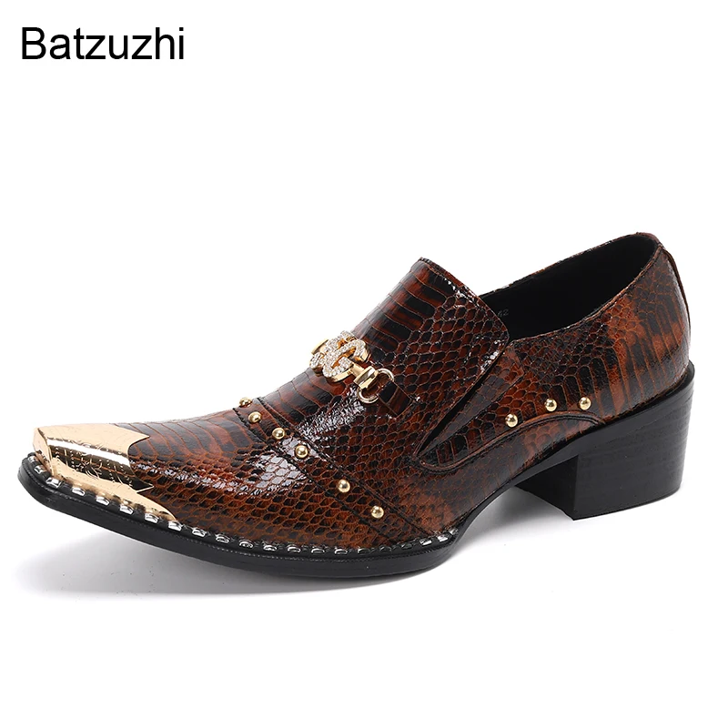 Batzuzhi Men\'s Shoes Italian Style Pointed Metal Toe Leather Dress Shoes Men Slip on Oxfords Shoes for Men\'s Party and Wedding