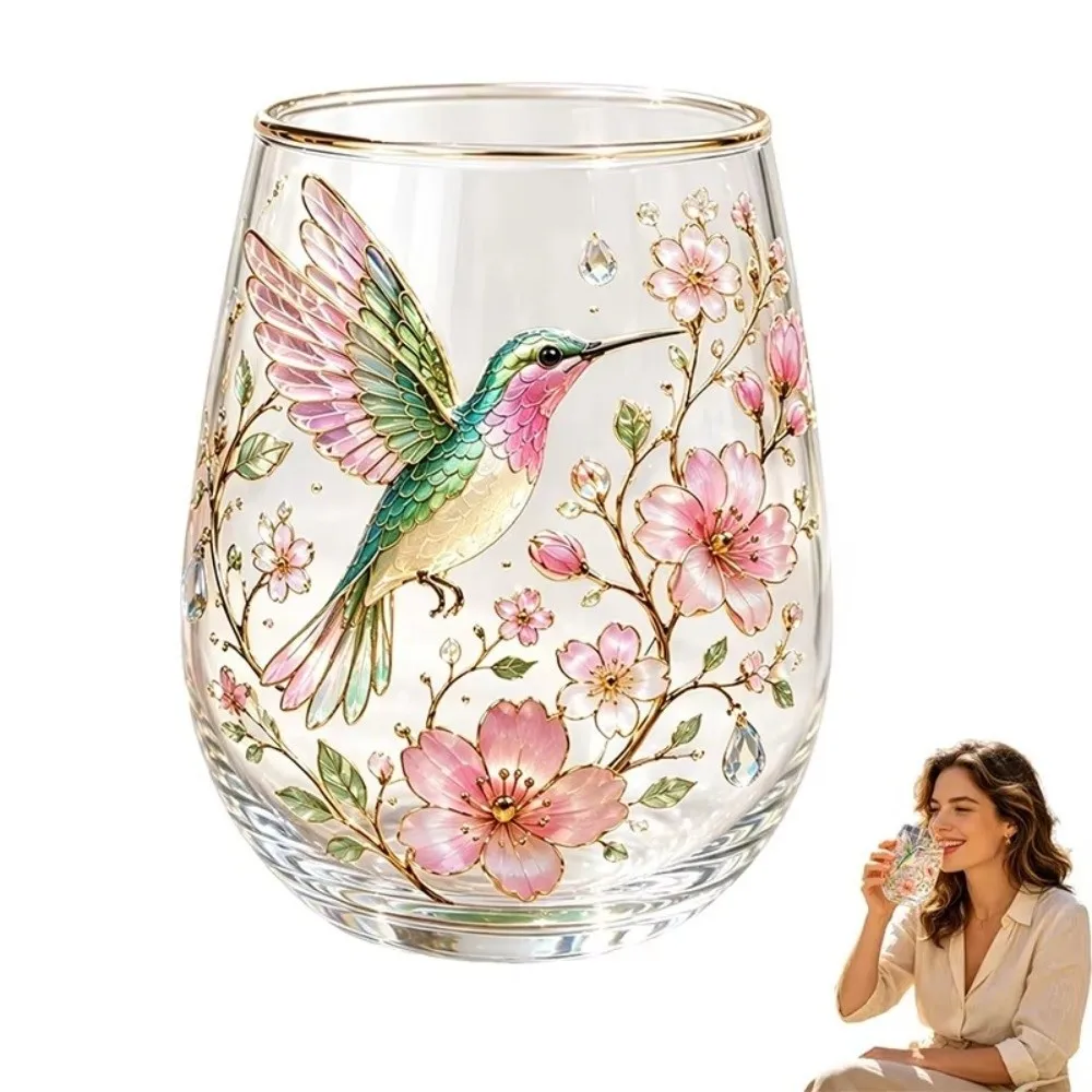Transparent Hummingbird Joy Tea Cup Pastoral Style Large Capacity Milk Decorative Tumbler Gold Rimmed Enamel Floral Bird Design