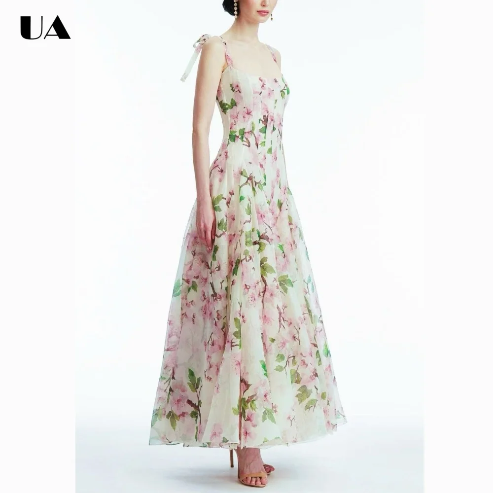 Summer New Printed Ruched Maxi Dresses for Women, Sweet A-line Long Dress with Spaghetti Straps, Fashionable Square Neck Dress