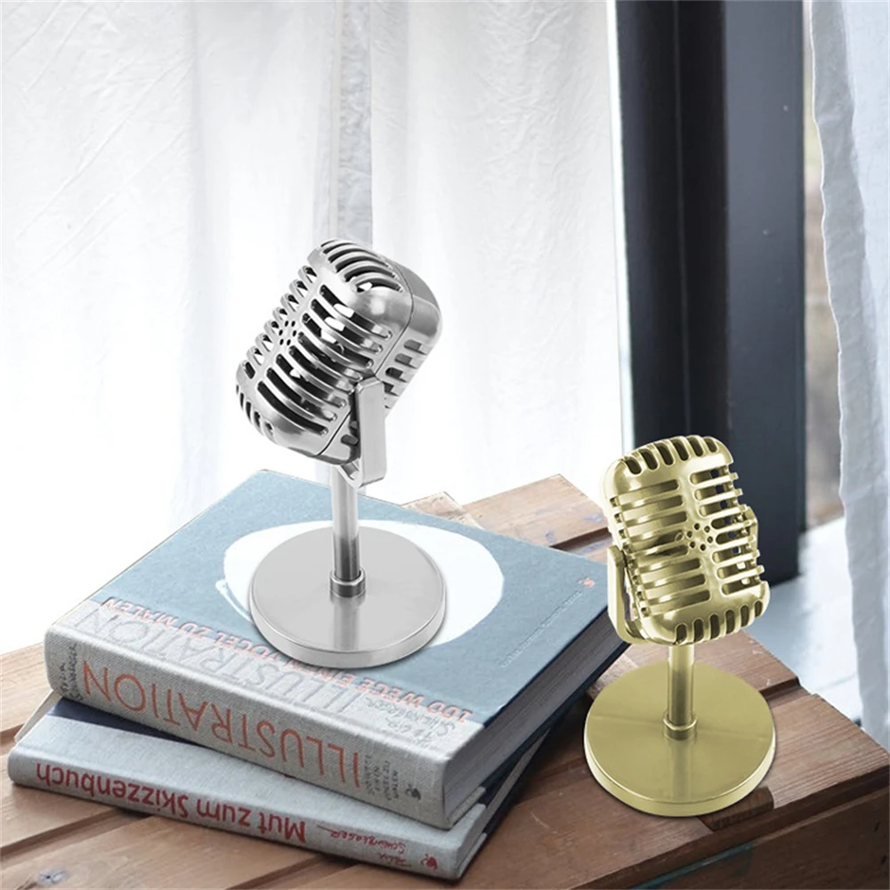 Vintage Microphone Durable Strong Sense Of Decoration Gold Black Home Decor Crafts Fake Microphone Model Comfortable Grip Silver