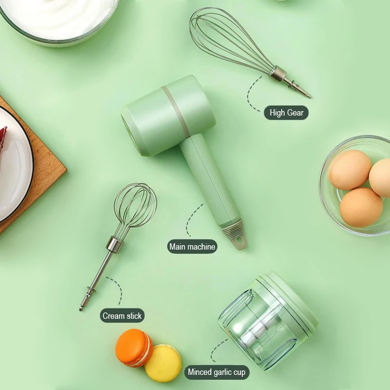 Bezprzewodowy elektryczny rozdrabniacz czosnku Masher trzepaczka do jajek 3-kontrola prędkości z 2 mieszadłami kuchnia ręczny spieniacz USB 2 w 1