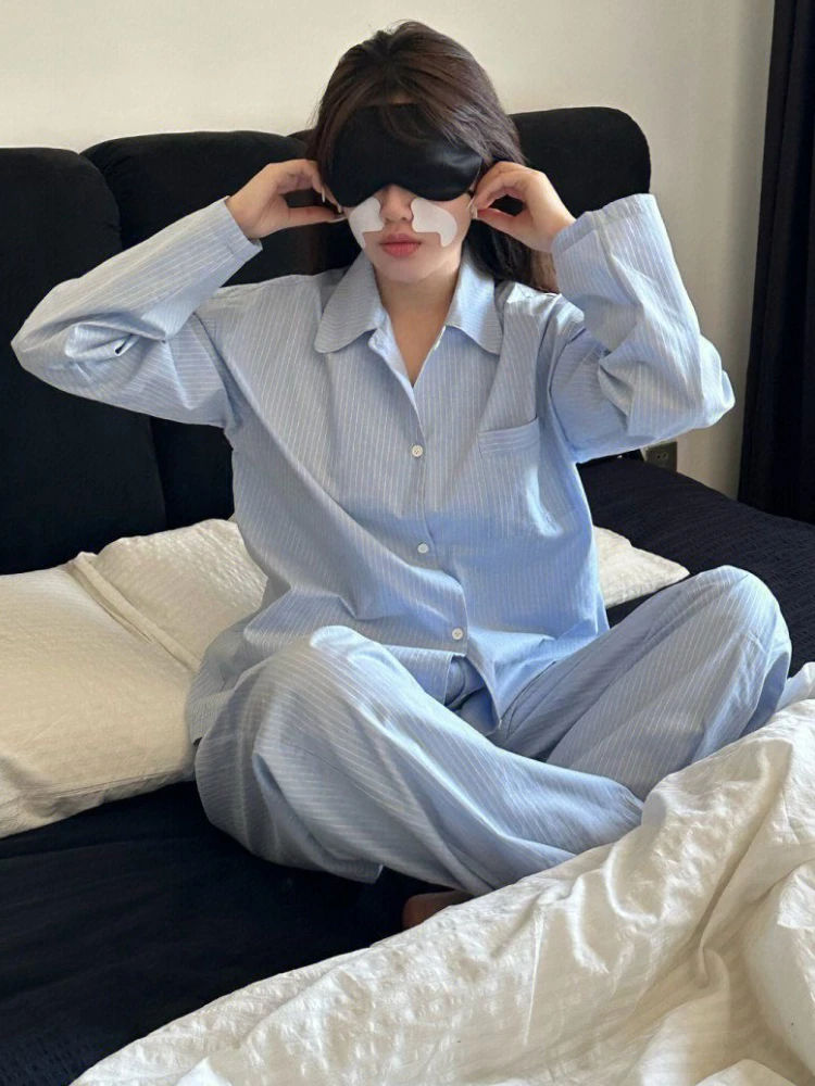 Pajama Sets Women Striped All-match Daily Home Casual Retro Minimalist Simple Korean Style Basics Creativity Modern Personality