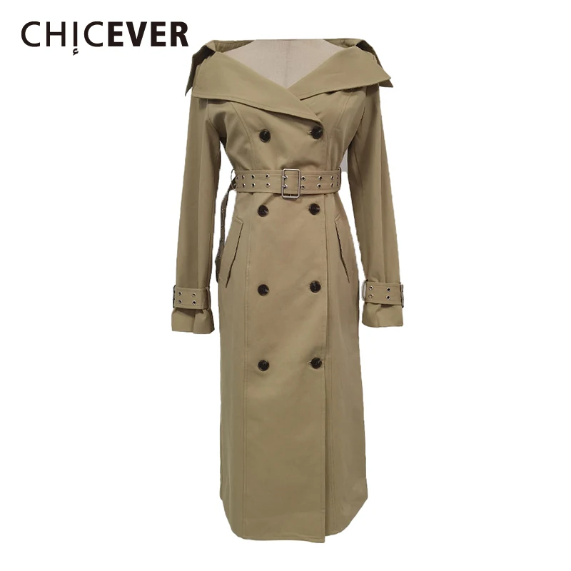 

CHICEVER Khakl Spliced Sashes Trench Female Slash Neck Long Sleeve Loose Streetwear Korean Women's Trenchs Autumn Fashion New