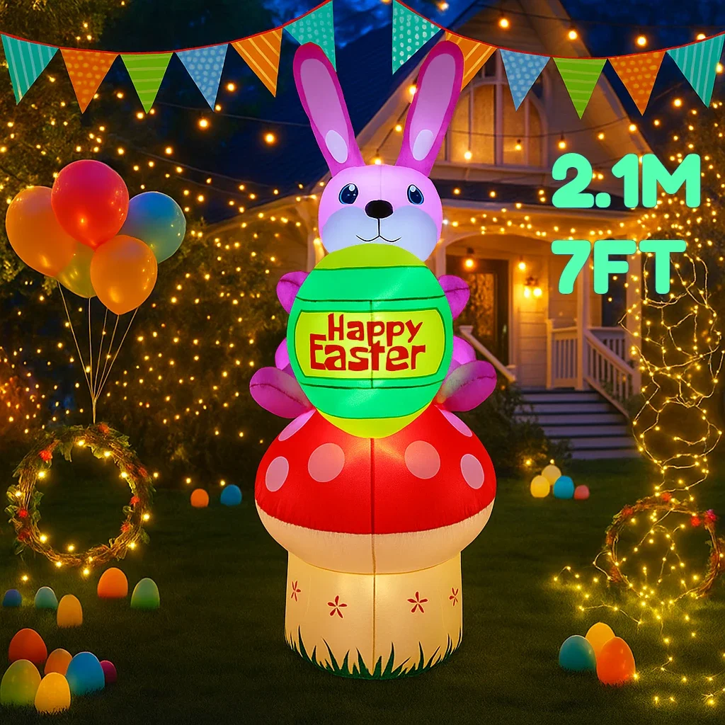 

7 футов счастливой Пасхи, надувной кролик на грибном декоре, встроенный светодиодный светильник, праздничный воздушный двор, украшение для сада, Пасха, надувной