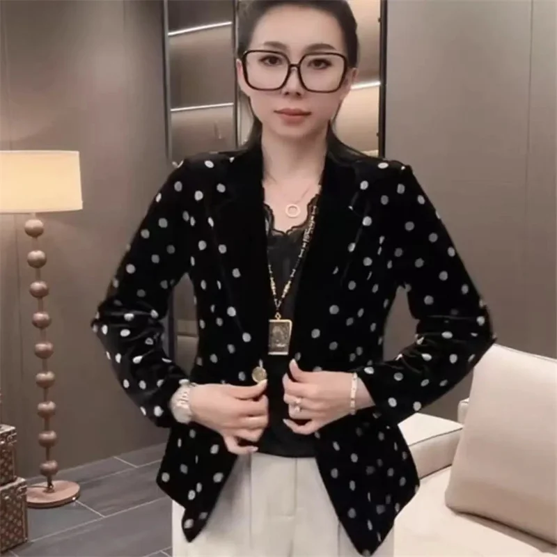 

Women's Suits Blazer New 2026 Spring Summer Autumn New Suit Coat Retro Long Sleeve Polka Dot Suit Jacket Versatile Velvet Coat