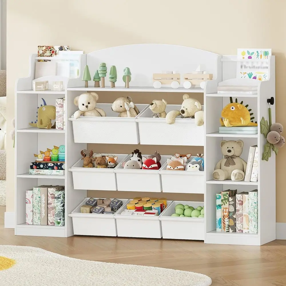 

4-Tier Kids Toy Storage Organizer with 8 Bins, Playroom and Bookshelf, Ideal for Bedroom, Living Room, Study, and Nursery, White