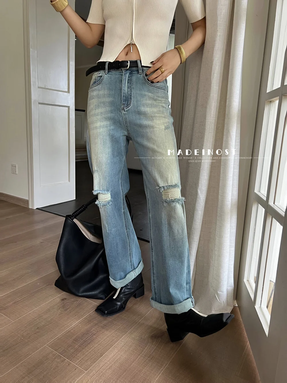 

Women Ripped Washed Jeans, Lady Loose Straight New Denim Pants, Basics Fashion, All Season, Streetwear Trousers