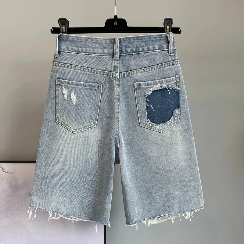 Colorful Diamond Studded Nail Bead Ripped Jeans Blue High Waisted Loose Shorts Shiny Fashionable Versatile Casual Trousers