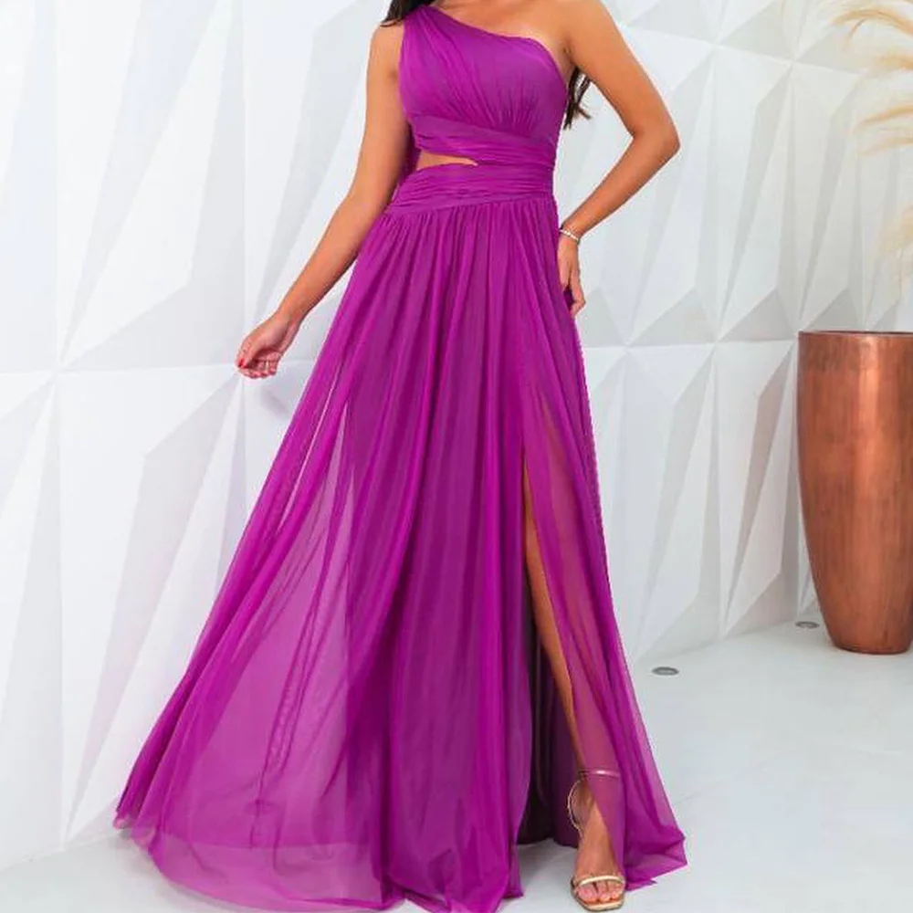 Court Train A-Line Floor Length Strapless Temperament Evening Dresses One Shoulder Special Occasion Gowns Tulle Sleeveless