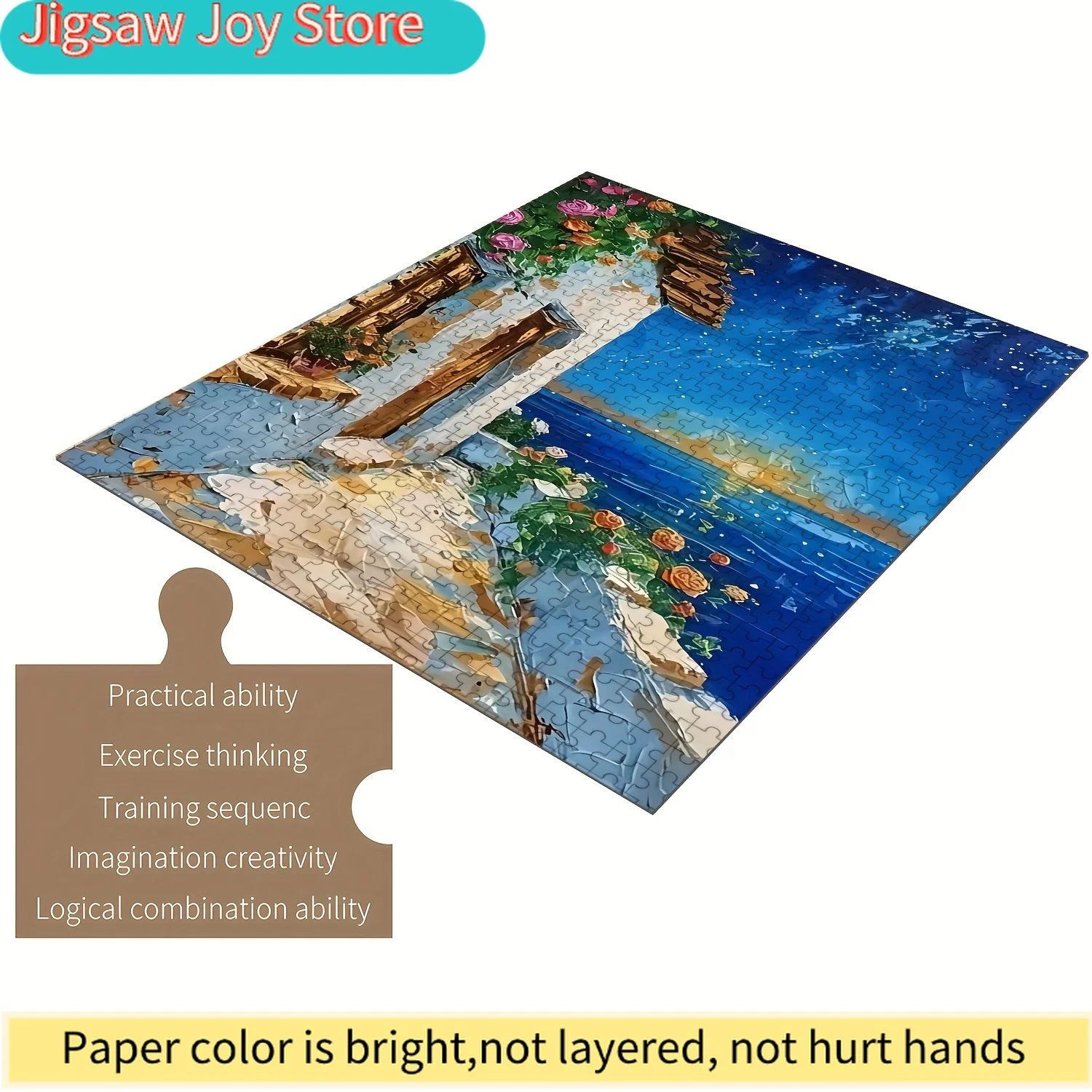 

Jigsaw Puzzle for & Families - White Building & Starry Sky Coastal Scene with Sunset, Flowers & Lush Greenery - Intermediate