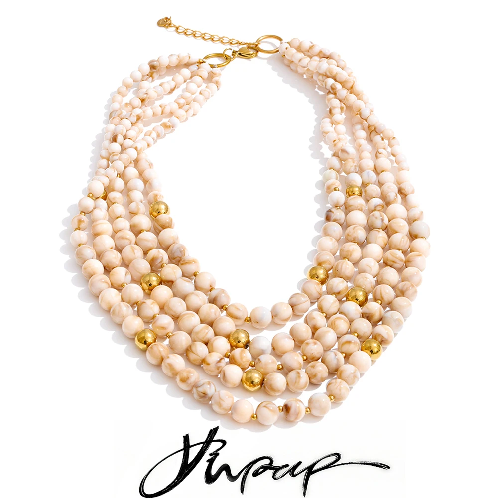 Yhpup 7 Color Fashion Beads Layered Statement Necklace 2025 Tarnish Resistant Charm Resin Trend Jewelry Christmas Gift for Women