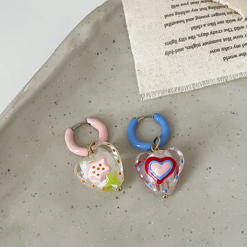 Minar Sweet Candy Color Enamel Clear Coloured Glaze Asymmetric Love Heart Hoop Earrings for Women Statement Party Daily Jewelry