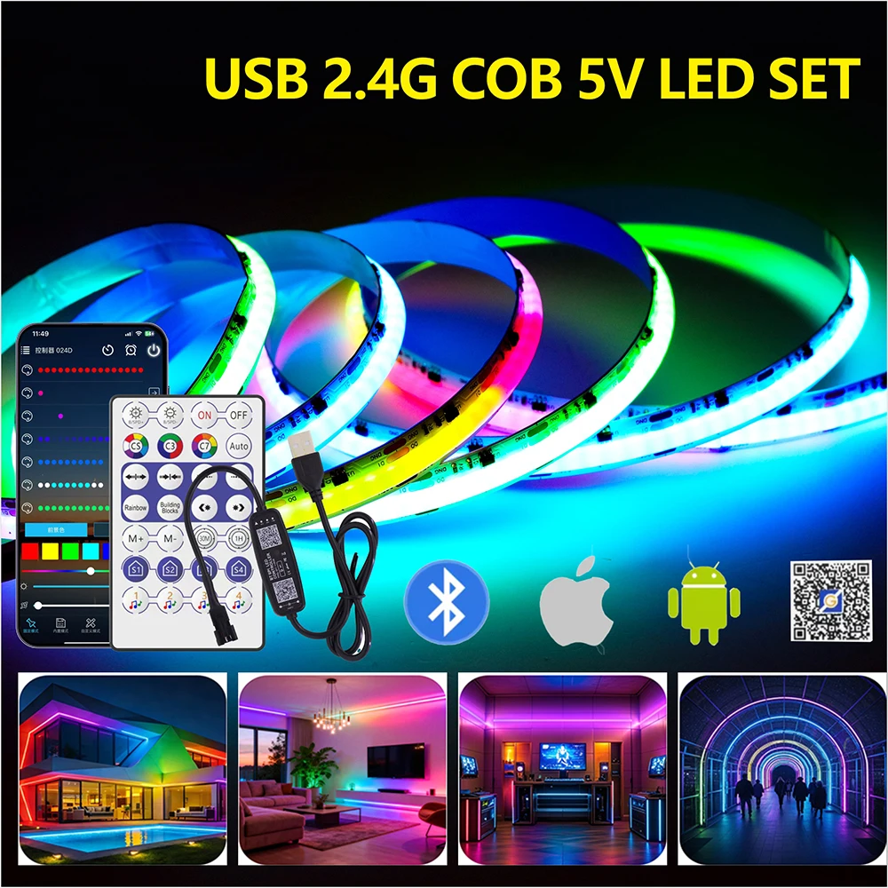 WS2811 COB RGB Dreamcolor LED Strip USB 5V 720LEDs Bluetooth APP Remote Music Activated Indoor Flexible Decoration Kit