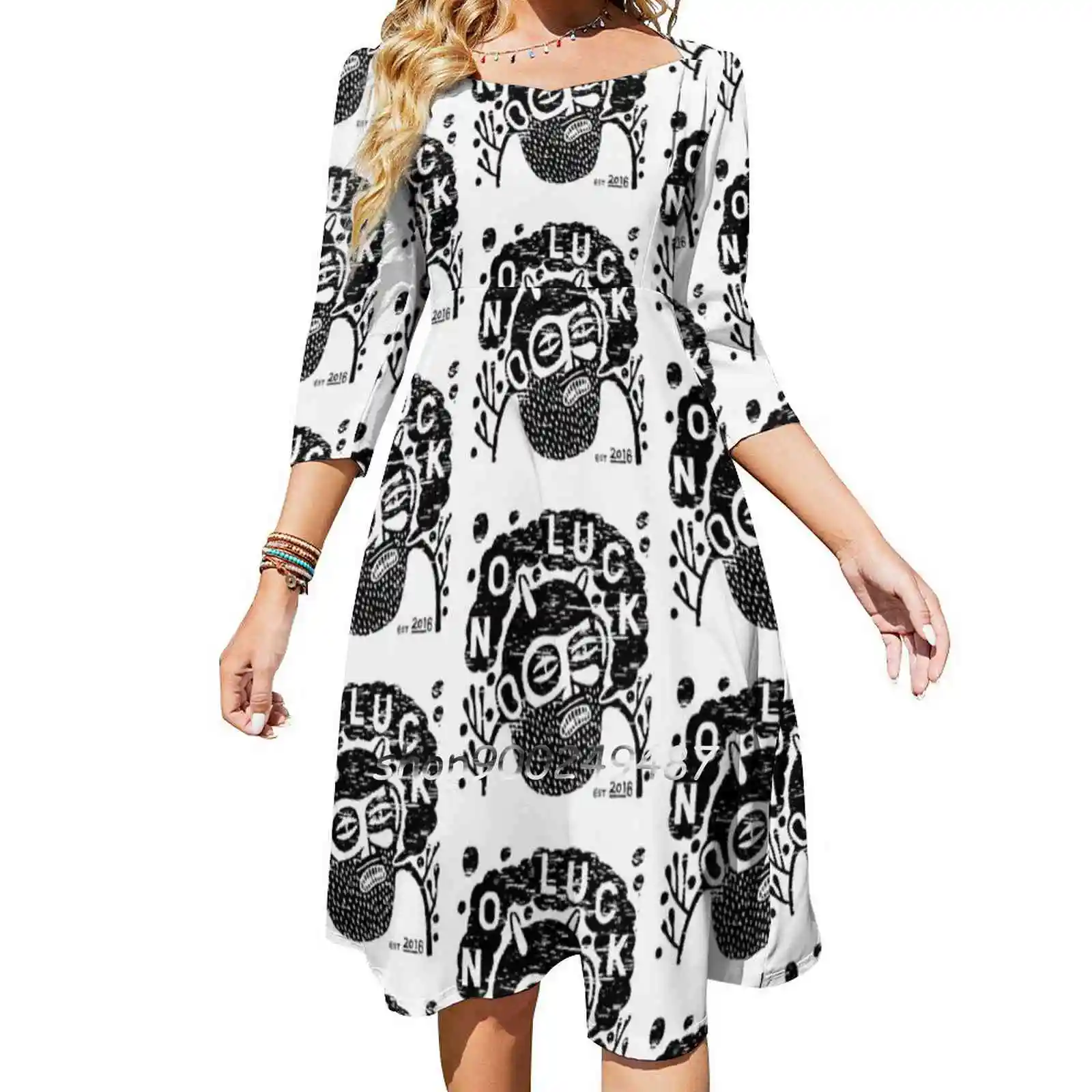 No Luck Bar Is Better Than No Bar At All Square Neck Dress Cute Loose Print Dresses Elegant Beach Party Dress