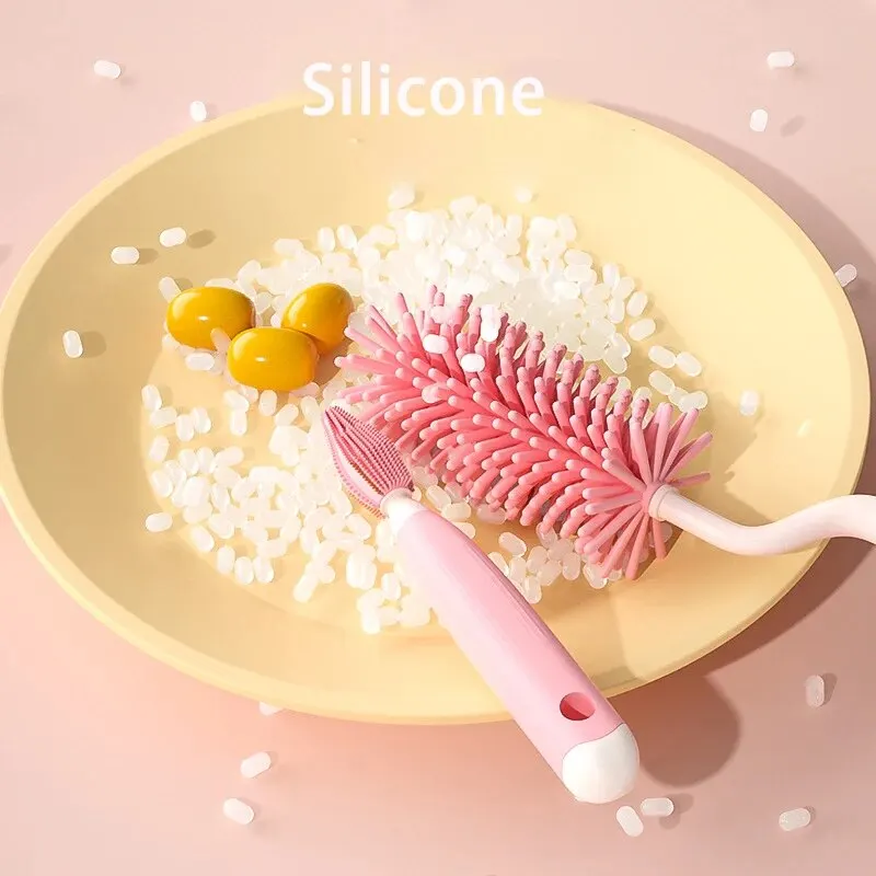 3-Piece Silicone Bottle Brush 360° Rotating Baby Nipple Brush Washing Cup Brush Bottle Cleaning Brush Set image 4