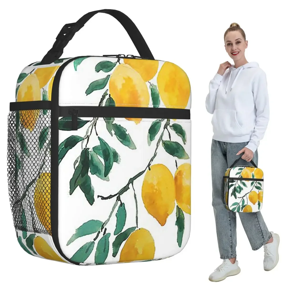 Hand Painted Yellow Lemon Watercol Insulated Lunch Bag for Kids School Cooler Thermal Food Box Tote Lunch Boxes Container