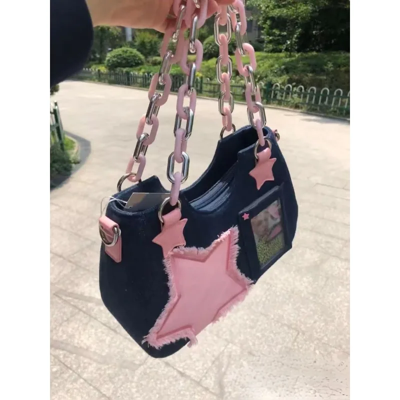 Różowa torebka damska Y2k Star Chain Bag New Fashion Cool Dark Harajuku dżinsowa torba Tote babki bagietki bagietki