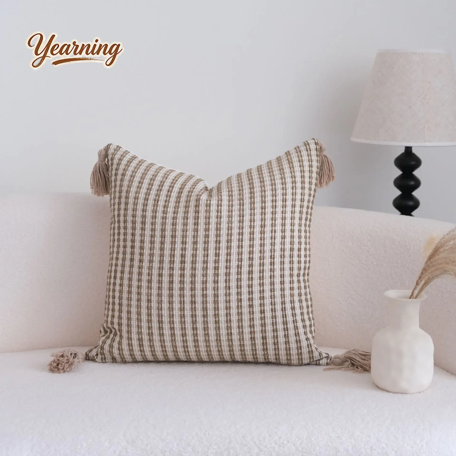 Mid-Century Brown-Toned Wide-Edged Bolster Pillow With Fringe Rolled Edges For Living Room Sofa Backrest Hotel Use