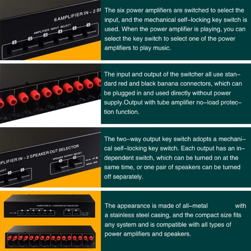 4 In to 2 Out Selector Switcher 4 Amplifiers in and 2 Speaker Out Speaker Selector Switching