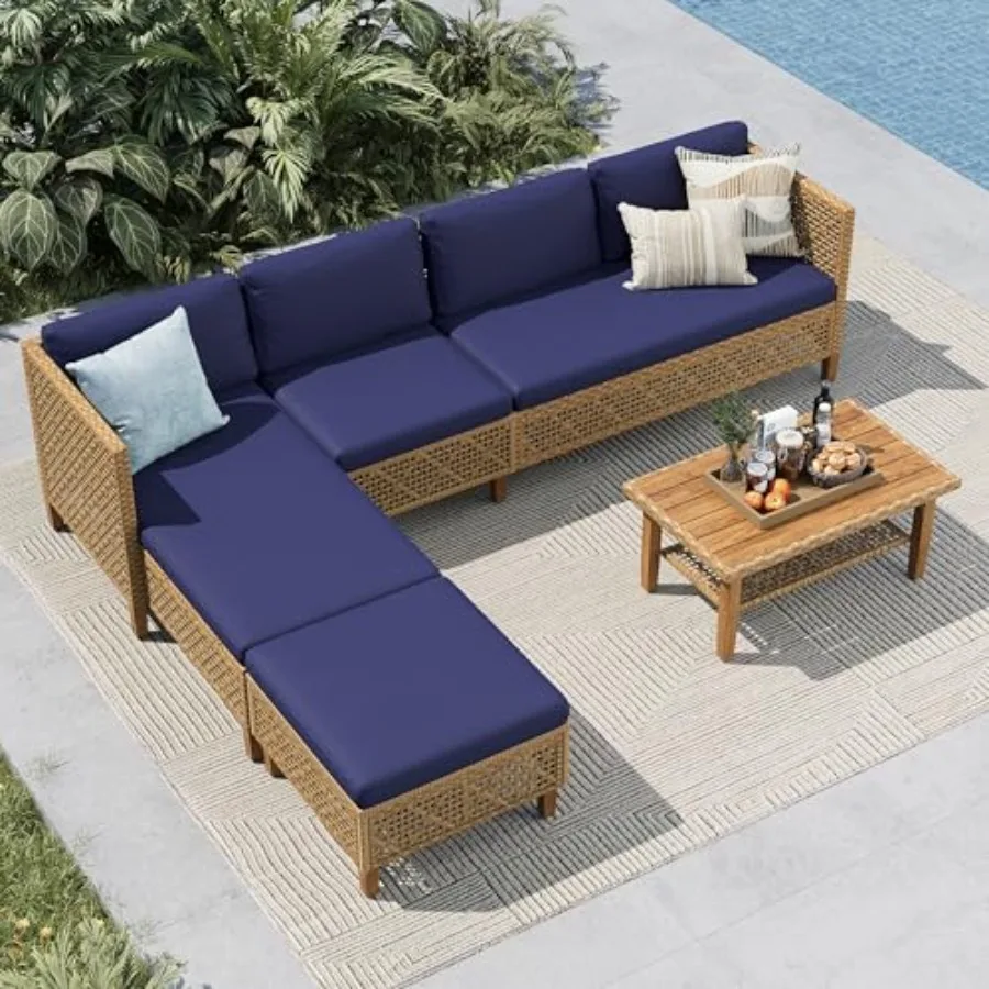 

Wicker Patio Furniture Set Rattan Outdoor Couch Sectional Sofa 5 Pieces Patio Conversation Set with Acacia Wood Coffee