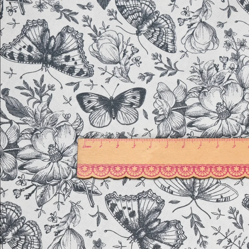 Half Yard Plain 100% Cotton Fabric With Retro Butterfly Flower Print, Handmade DIY Garment Dress Sewing Tissue CR-1439