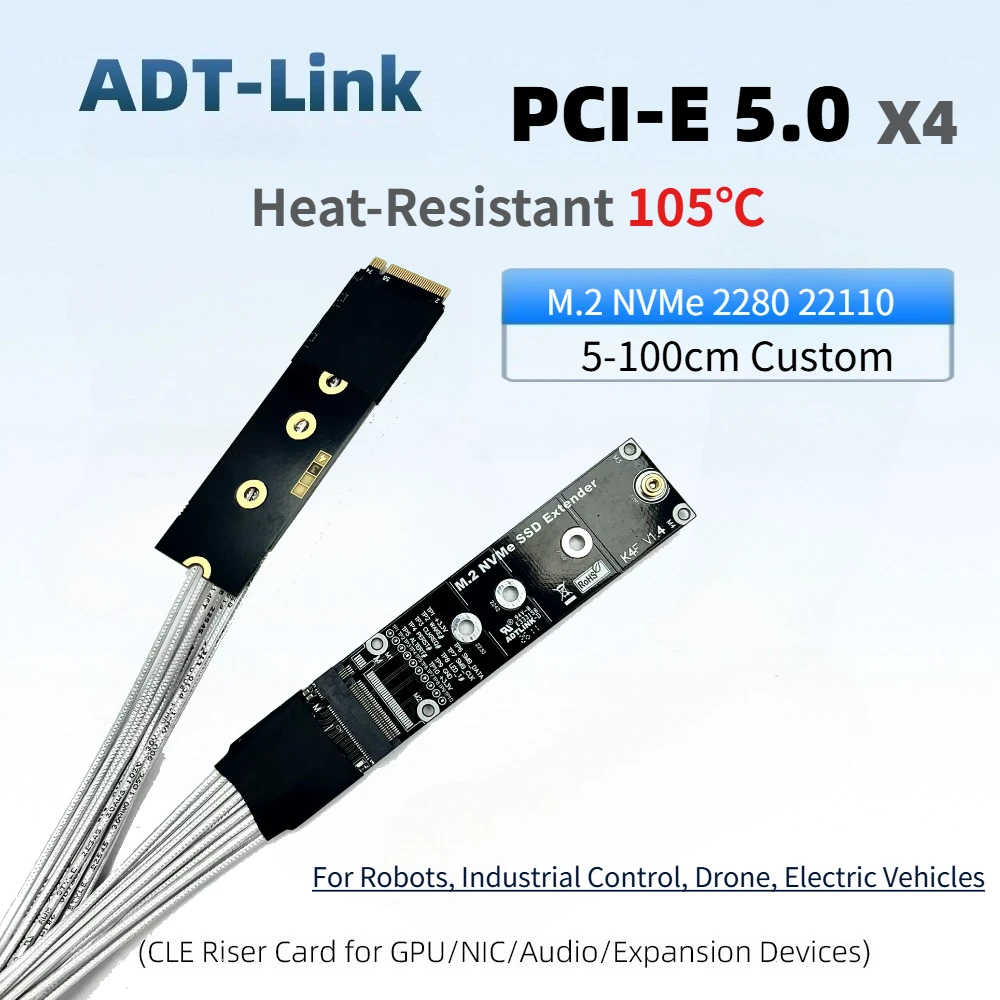 PCI-E 5.0 M.2 NVMe SSD Hard Disk Extension Cable 2280 22110 M.2 NVMe Gen5 Heat-Resistant Silver Wire 1M Industrial Control Drone