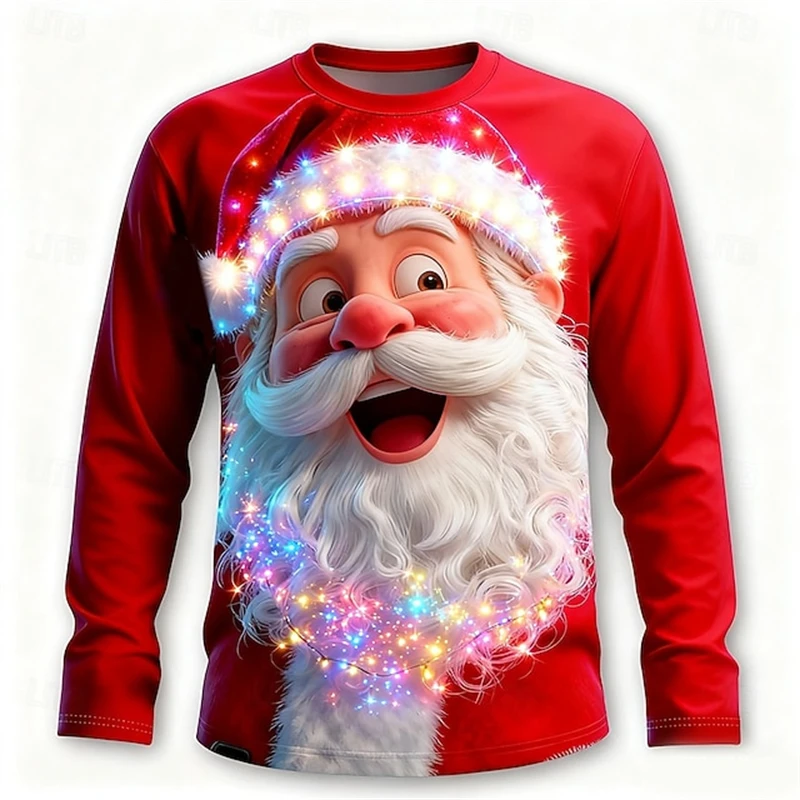 

Merry Christmas Lights 2025 Men's 3D Printed Santa Claus T-shirts Crew Neck Long Sleeve Tees Xmas Gift Trendy Street Casual Tops