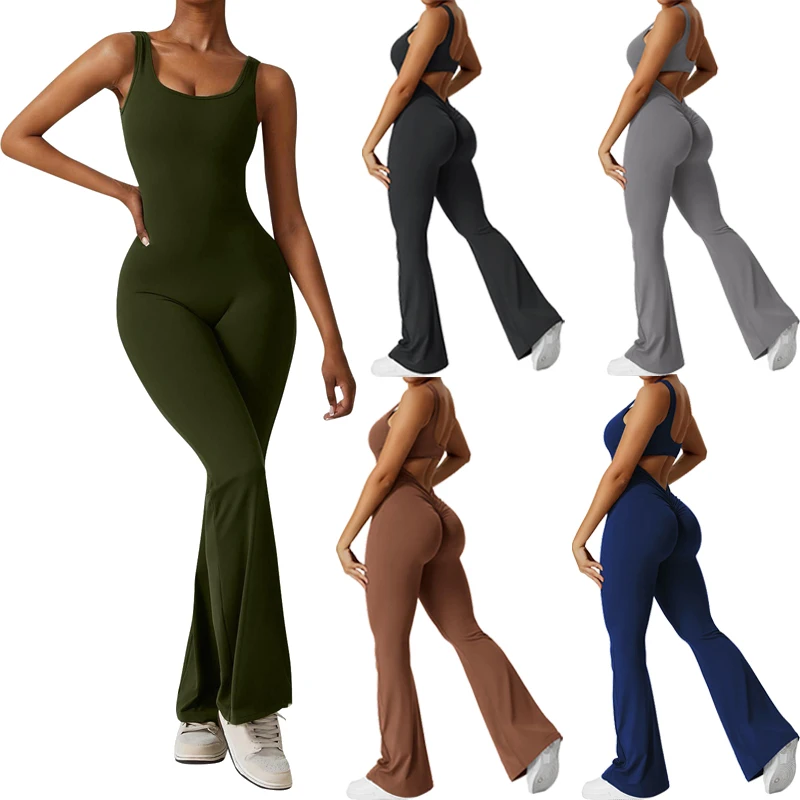 

Women Yoga Jumpsuits One Piece Running Fitness Outfits Sports Tights Wide Leg Pants High Waist Sexy Backless Flared Jumpsuit