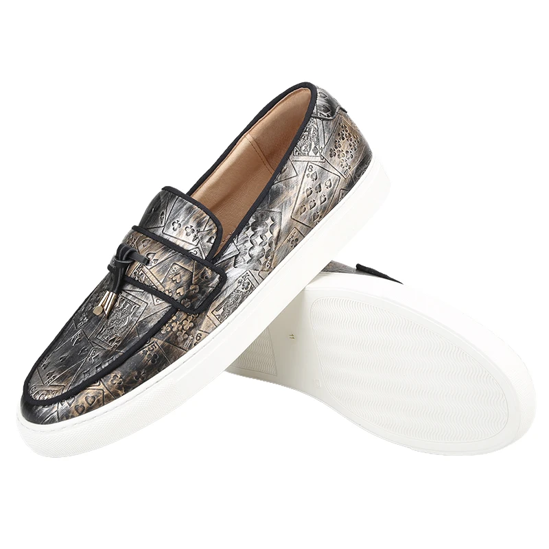 Piergitar Design-Patterned Poker Card Leather Slip-On Sneakers Handcrafted Metal Tassels Men's Casual Shoes Increase White Sole