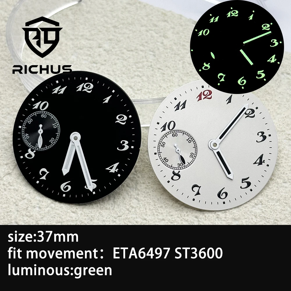 RICHUS 37mm Mechanical Watch Dial with Green Luminous Hands Compatible ETA 6497 ST3600 Movement for Watch Repair