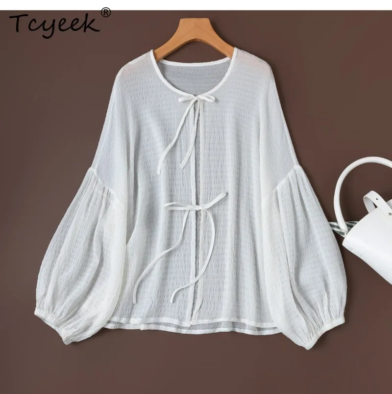 Tcyeek 100% Real Mulberry Silk Woman Tops 2026 Spring Texture Tie Lantern Sleeves Sun Protection Coat Female Clothing Ropa Mujer view 2