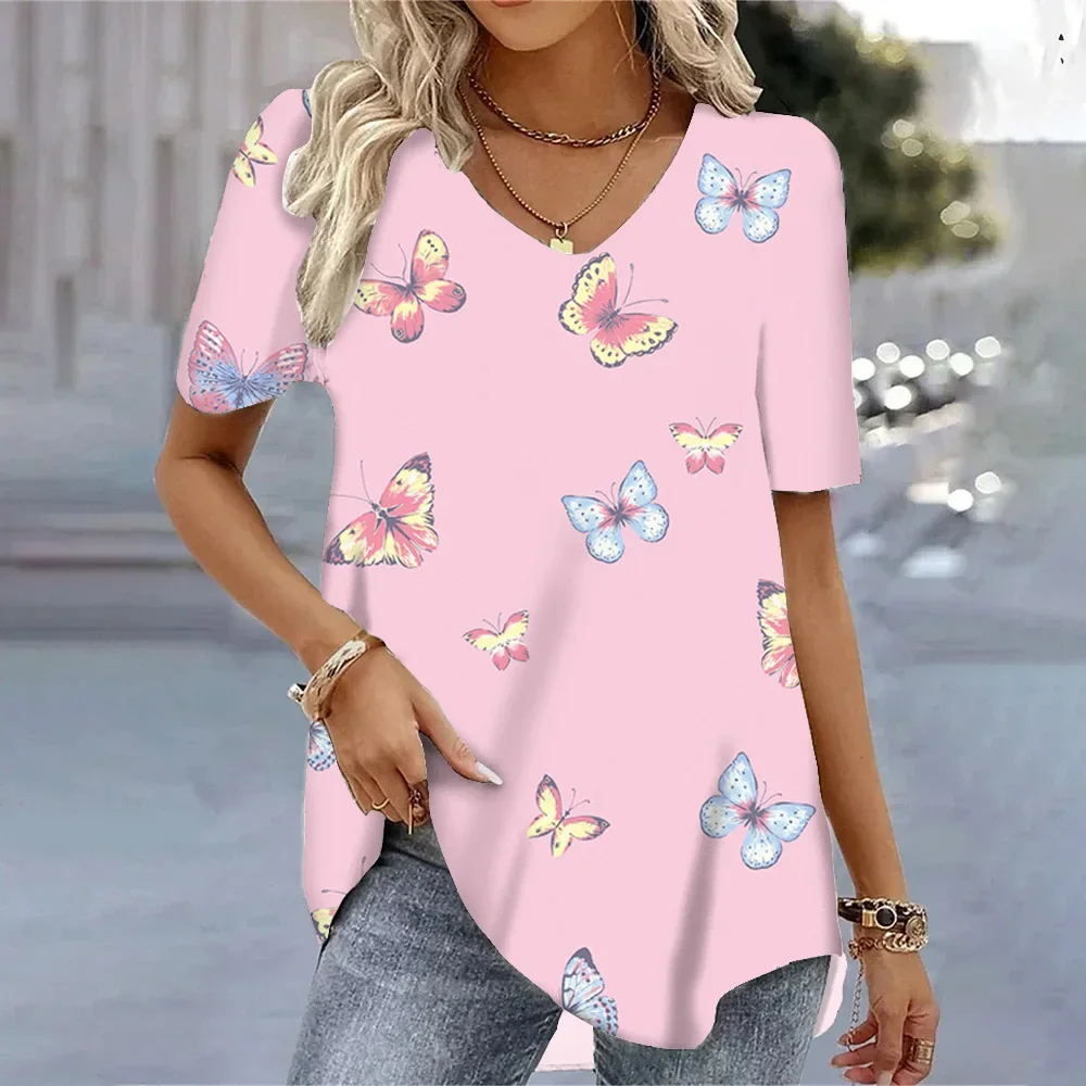 Camisetas de manga curta feminina com gola V, estampa floco de neve 3D, moda esportiva, streetwear, nova, verão, Y2K, Shir