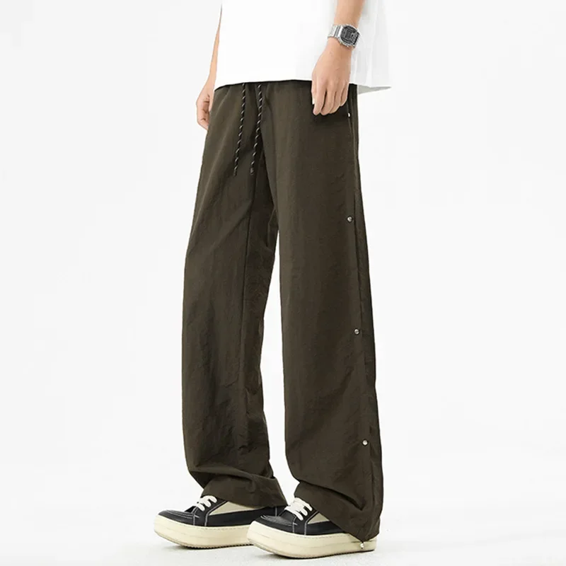 

2025 Spring Autumn Fashion Men's Loose Casual Trendy Wide Leg Solid Color Trousers Male Drawstring Simple Basic Pants Clothes