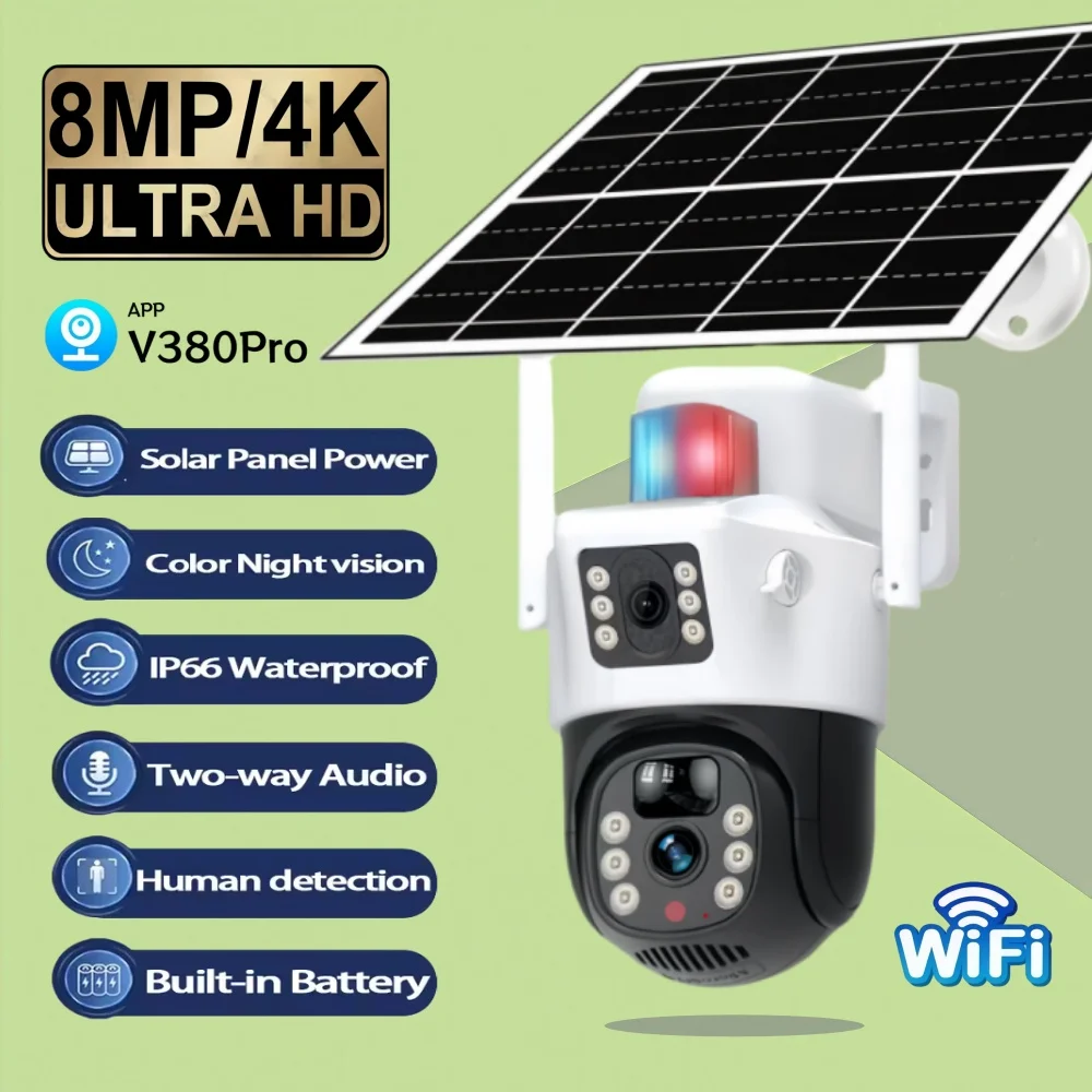 

WiFi Security Camera Solar-Powered Dual Lens PIR Motion Detection Night Vision Waterproof CCTV IP Camera 8MP 4K Battery-Powered