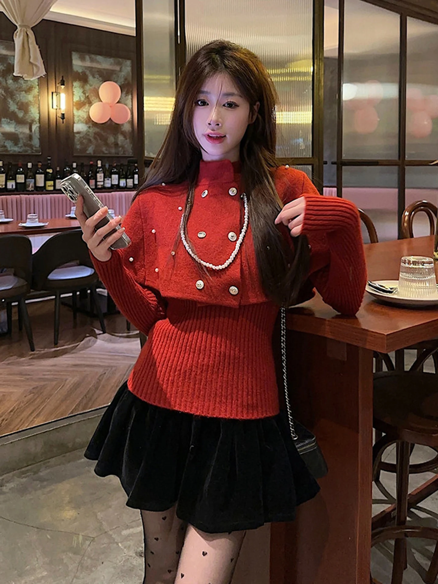 

Red Double-Breasted Knitted Sweater Women's Faion Slim Fit Long Sve Two-Piece Set Autumn Winter New Sle Ci Walk Soft...