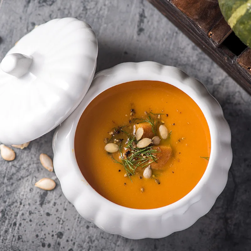 400ml Nordic Style Pure White Porcelain Soup Bowl Pumpkin Shaped Dessert Pot with Fitting Lid Noodle Tablewares Food