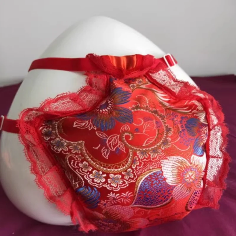 

Men Sexy Pink Silk Satin Flower Embroidery Lace T-briefs Filled Cotton Thick Puffy Soft Thong Handmake Pantie BF Erotic Panty