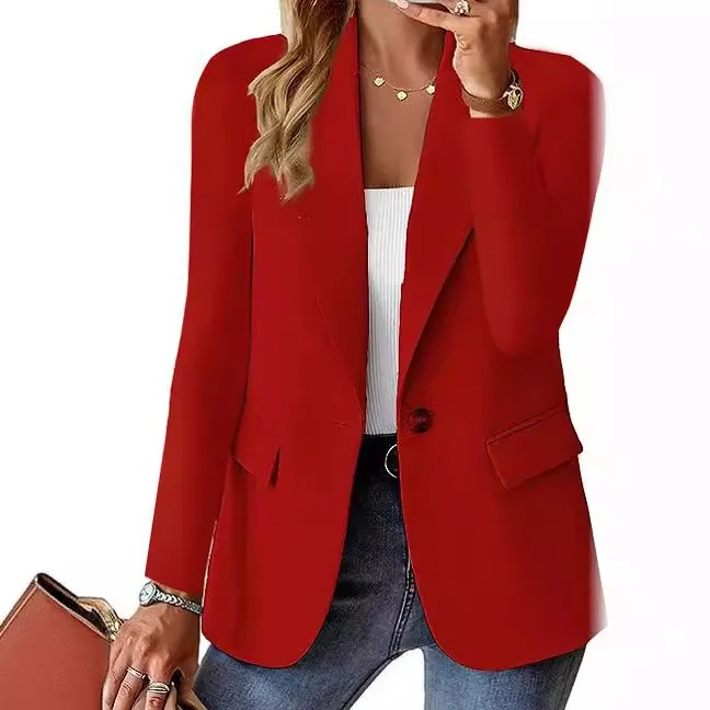 Pocket Long Sleeve Coat with Regular Fit Elegant Commuter Casual No Hood Autumn Regular Length V Neck Patchwork Women Suit