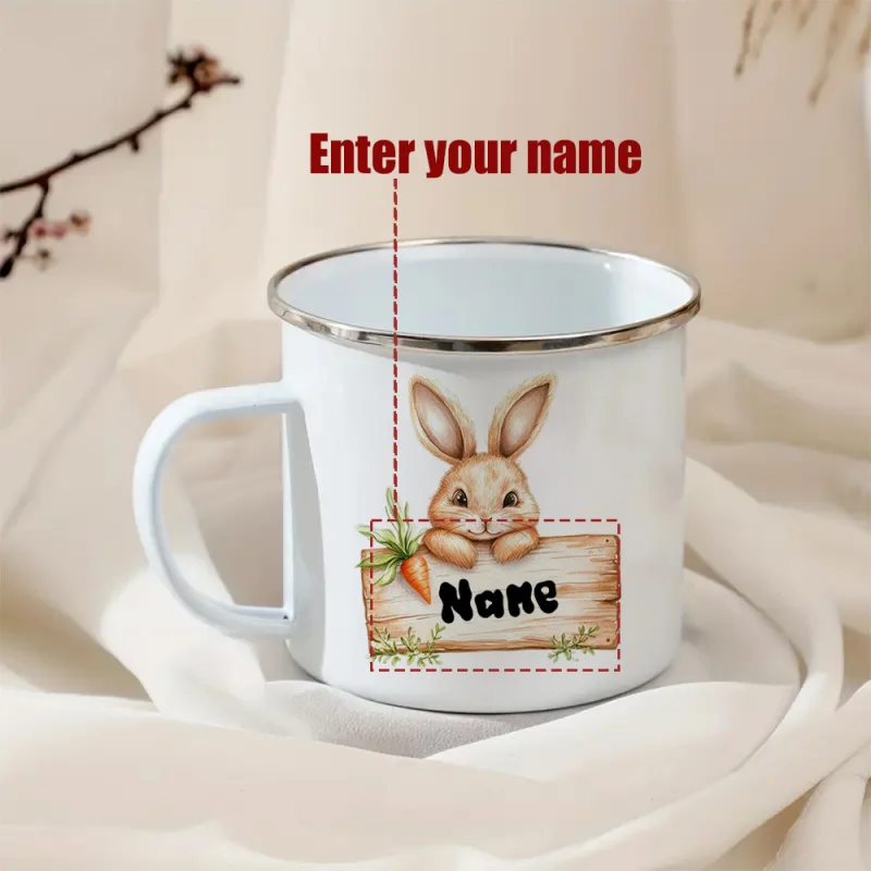 Personalized Enamel Cup - Custom Name - Little Rabbit Holding Sign Design - Birthday Christmas Gift - Interesting Enamel Cup