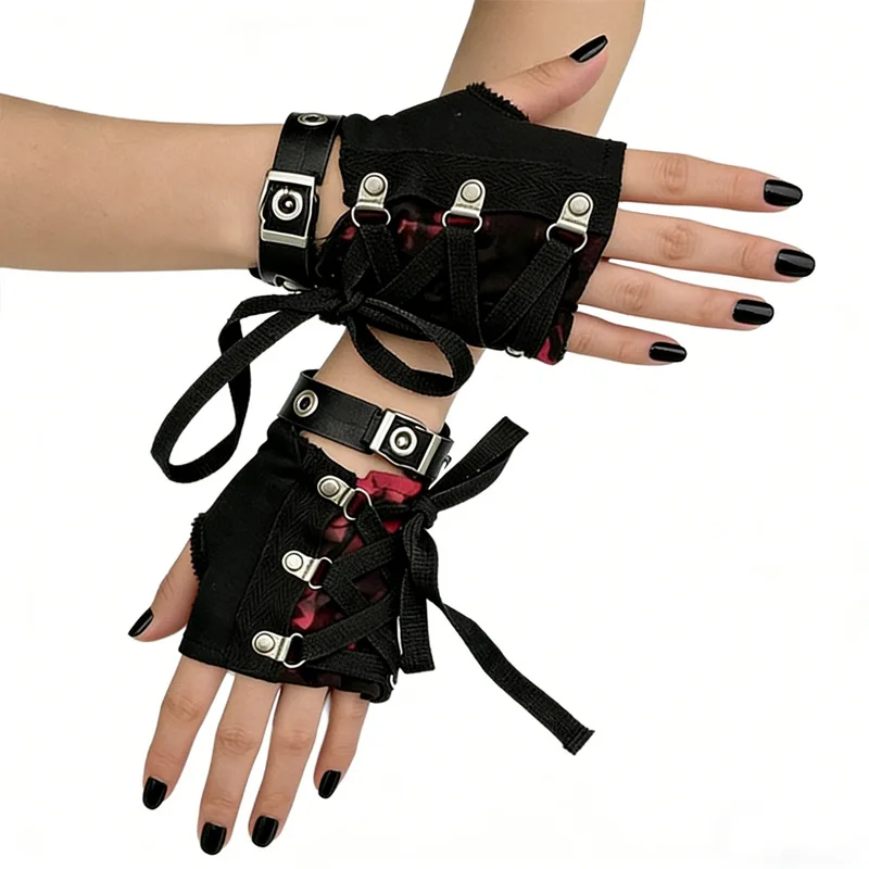 Short Red Tie-Dye Fingerless Gloves Exposed Finger Sleeves Punk Contrast Color Women Accessories
