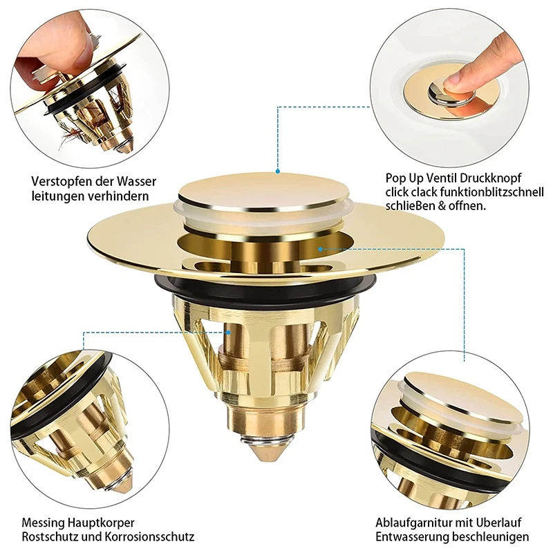 Drain Fitting Washbasin, Universal Pop-Up Valve Plug, Sink, Brass Anti-Clogging Strainer, Sink Plug, Sink Drain (Gold)