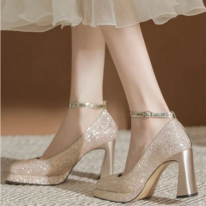 FHC 2024 Spring Wedding Shoes,Crystal High Heels,Women Pumps,Square Toe,Ankle Buckle Strap,Shining Champagne,Silver,Dropship